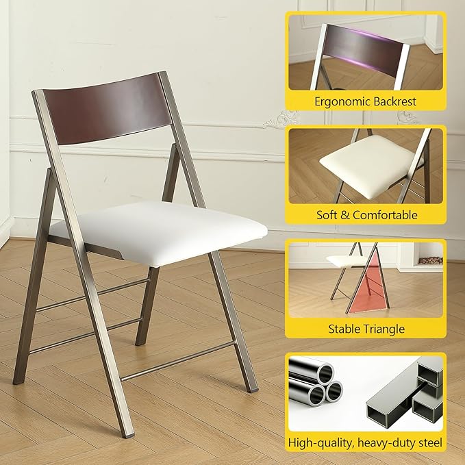 Folding Chairs with Cushion 2 Pack - Heavy Duty Steel Frame Foldable Dining Chairs, Waterproof Leather Indoor Outdoor Padded Chairs for Home, Conference Rooms,Weddings, Events (White)