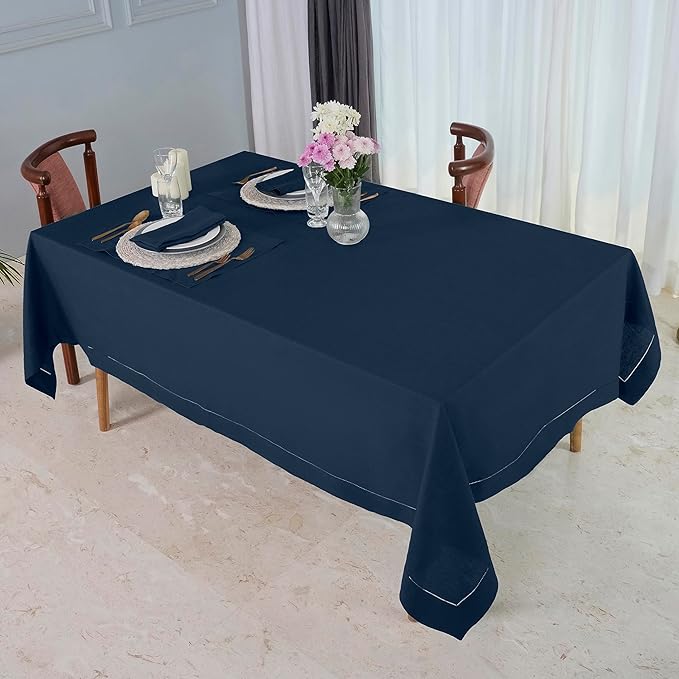 D'Moksha Homes Navy Blue Linen Tablecloth for Rectangle Tables 60 x 84 Inch - Classic Hemstitch 100% Pure Linen Navy Table Cloth - Machine Washable Dining Tablecloth for Christmas