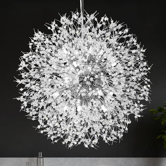 Qamra Modern Crystal Chandeliers, Chrome Firework Dandelion Sputnik Chandelier Light Fixture Pendant Lighting for Dining Room, Bedroom, Kitchen, Living Room(16-Light, Chrome)