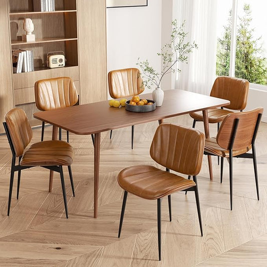 Dining Chairs Set of 6, Mid Century Modern Dining Room Chairs, Upholstered Faux Leather Kitchen Chairs with Walnut Bentwood Back and Metal Legs, Brown