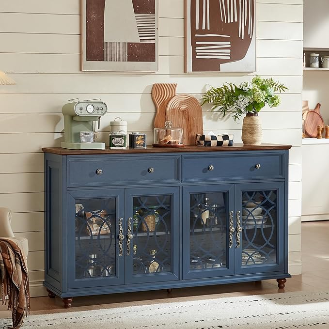 Large Sideboard Buffet Cabinet Set of 2 with Storage,59" Credenza with 4 Glass Doors & 2 Drawers,Adjustable Shelves Coffee Bar,Wood Kitchen Console Table for Dining Room,Blue