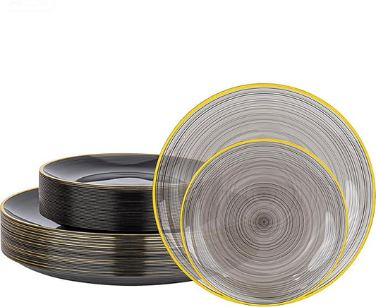 Morejoy 60Pcs Black Plastic Plates,Black Disposable Plates With Gold Rim,Heavy-duty Gold Plate, Modern swirl design Plates Include 30 Dessert-plates,30Dinner-plates for Party,Halloween