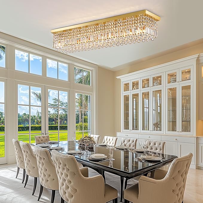 10 Lights Gold Flush Mount Rectangle Chandelier, Modern K9 Crystal Chandeliers Light Fixture Rectangular Raindrop Chandelier Pendant Island Light for Living Dining Room Kitchen Bar L47 Inch