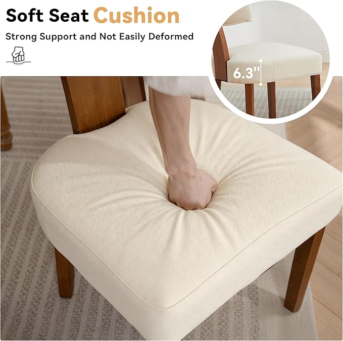 FOXHUNTER Upholstered Dining Chairs Set of 2, Modern Wooden Armless Kitchen Chairs with Curved Backrest, Mid-Century Farmhouse Dining Side Chairs, Linen Beige