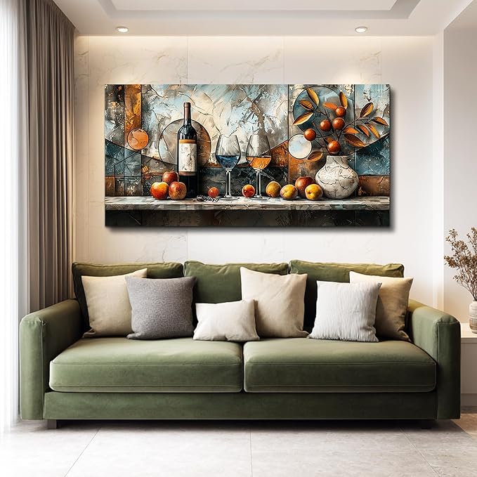 XIGUANGART Canvas Wall Decor For Kitchen Wall Art For Dining Room Decorations Wine Glass Painting Still Life Vintage Abstract Picture Artwork Pub Living Room Wall Mural Posters Home Decor 20"x40"