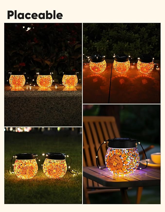 Mosaic Solar Lights Outdoor 6 Pack, Solar Hanging Lanterns Christmas Halloween Gifts for Women Mom Grandma, Waterproof Glass Globe Lights, Garden Patio Decor for Yard, Tree, Balcony, Warm