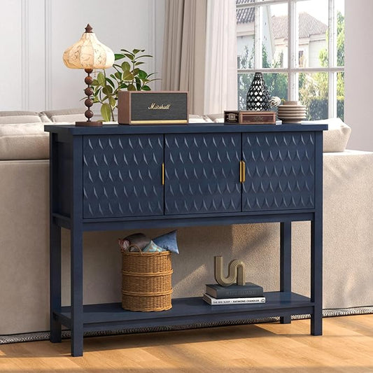 Modern Console Table with 3 Diamond Pattern Doors, Wood Entryway Table with Storage, Behind The Couch Sofa Table for Hallway, Living Room, Foyer, Dining Room, Blue