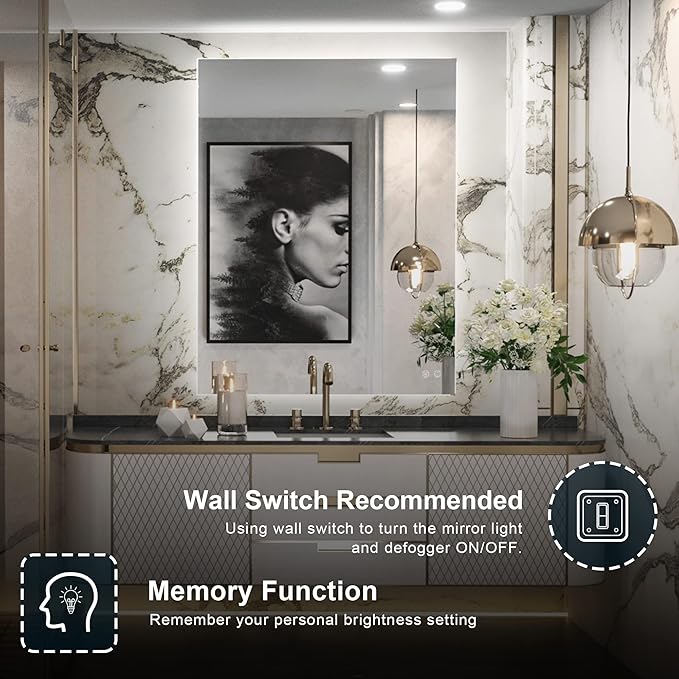 TETOTE 28 x 36 Inch LED Backlit Mirror Bathroom with Light,Anti-Fog,Dimmable,Lighted Mirror(Horizontal/Vertical) Wall Mounted Vanity Mirror