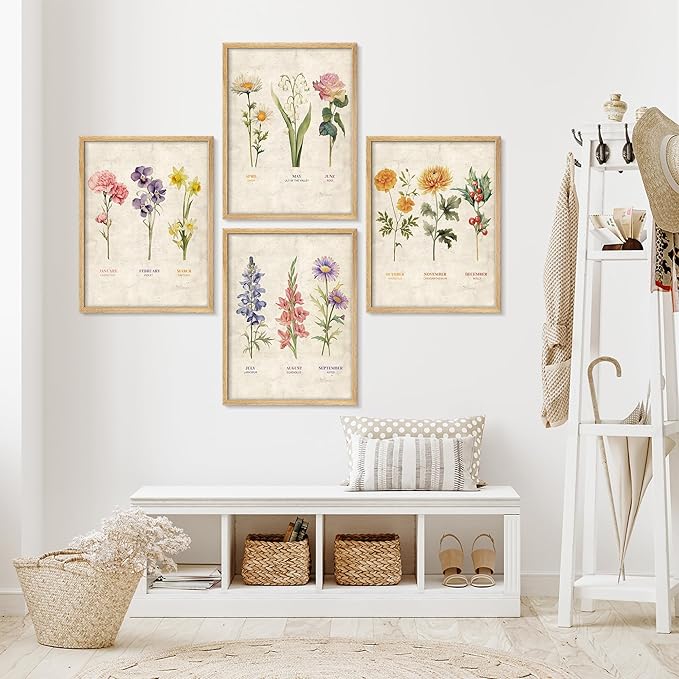 SIGNWIN Framed Set Vintage Floral Birth Month Botanical Prints Antique Flower Illustrations Modern Art Decorative Scenic Multicolor Nature Wilderness for Bedroom - 11"x14"x4 Natural