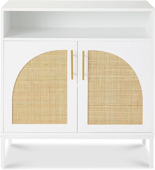 Best Choice Products Rattan Sideboard Buffet Cabinet, Entryway Table, Accent Storage Cabinet, Console Table for Hallway, Living Room, Dining Room - White