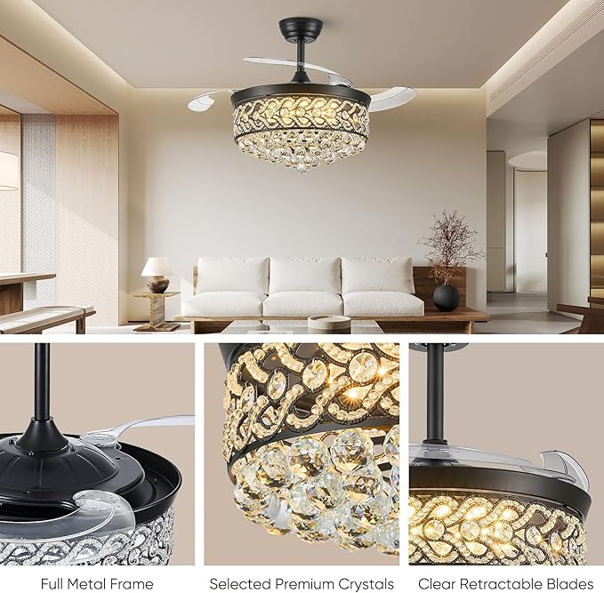 Crystal Fandelier Ceiling Fan with Light, 42" Retractable Ceiling Fans Chandelier Fan with Retractable Blades LED Dimmable Crystal Ceiling Fan Chandelier Fans for Bedroom Living Room etc-Black