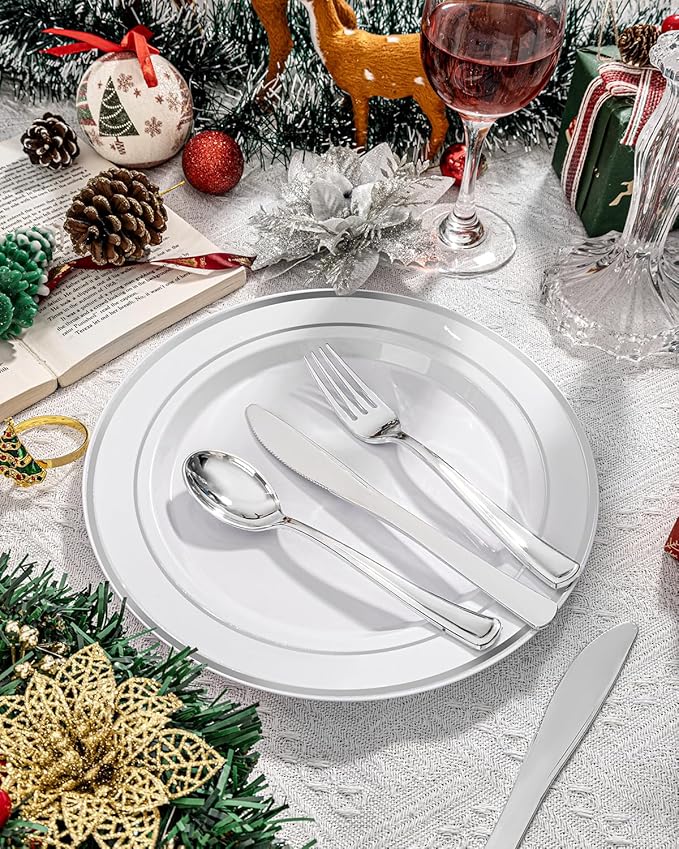 bUCLA 100Pieces Silver Plastic Plates - 10.25inch Silver Rim Disposable Dinner Plates - Ideal for Weddings, Parties & Christmas