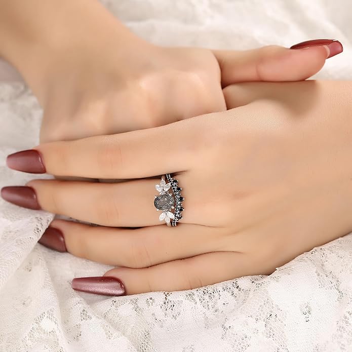 Oval Natural Black Rutilated Quartz Celtic Knot Bridal Wedding Ring Sets with Black Gold or Platinum Plated 925 Sterling Silver, Irish Gothic Engagement Rings and Spinel Trinity Annversary Band Size 4-9