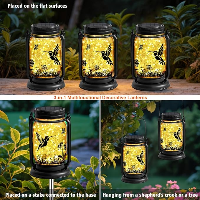 2 Pack Hummingbird Solar Lanterns Outdoor Waterproof -Gifts for Women Mom Grandma Birthday, Mothers Day, Chrisrmas,Mason Jar Hanging Lights for Patio, Yard, Porch, Balcony, Durable Garden Decor