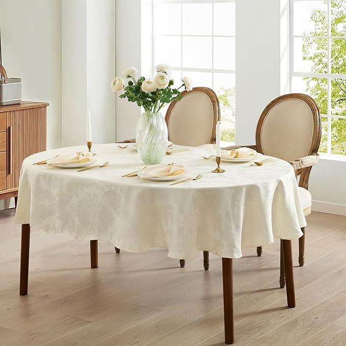 Newbridge Barcelona Luxury Damask Fabric Tablecloth, 60” Wide x 84” Oval, Antique White, 100% Polyester, No Iron, Soil Resistant Dining Room, Party and Banquet Table Cover