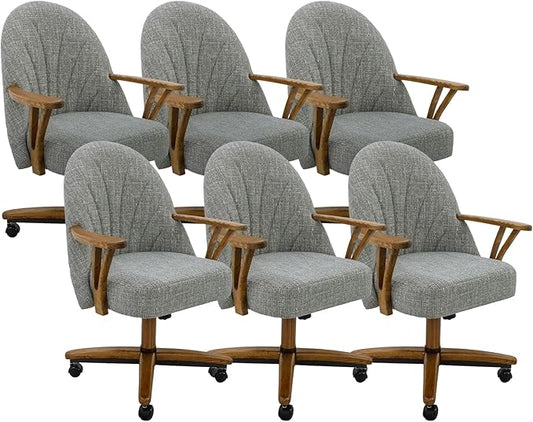 Chromcraft Set of 6 Swivel Tilt Chairs, Luxe Wooden Arm All-Metal Pedestal Base Chairs with Wheels for Kitchen