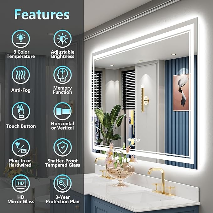 60x30 LED Bathroom Mirror with Lights, Backlit and Front Lit Anti-Fog Lighted Vanity Mirror for Bathroom Wall, 3 Colors, Stepless Dimmable, Memory, Shatter-Proof, HD Tempered Glass, ETL Listed