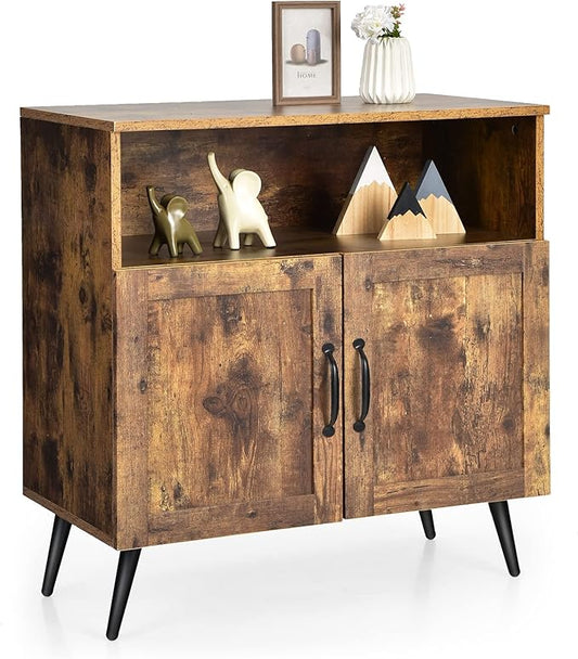 Giantex Mid-Century Storage Cabinet, Wooden Floor Cabinet with 2 Doors, Free-Standing Sideboard with Wine Glass Holders, Accent Side Cabinet for Living Room, Dining Room, Kitchen, Rustic Brown