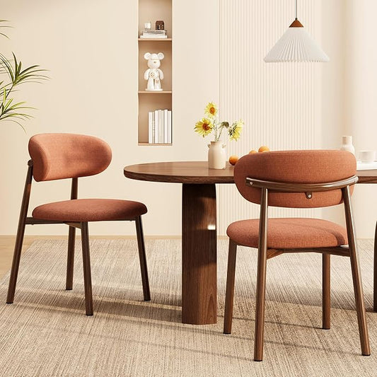 Kitchen Dining Chairs Set of 2 Modern Soft Linen Farmhouse Dining Room Chair with Metal Legs, Orange/Walnut