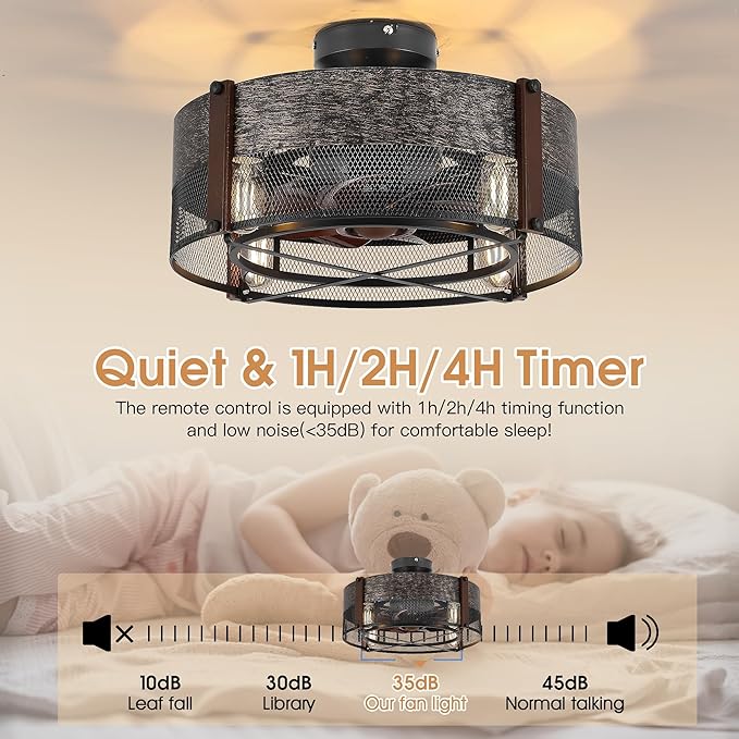 SHIHOT 19“Caged Ceiling Fan with Lights and Remote, Small Farmhouse Low Profile Ceiling Fan Light, Black Bladeless Ceiling Fans for Bedroom Kitchen,Reversible