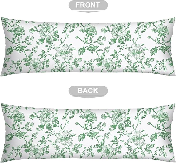 Green and White Porcelain Floral Body Pillow Cover Vintage Flowers Long Pillow Case with Zipper,Florals Lumbar Pillows Cases,Chinoiserie Decorative Soft Bed Cushion Covers for Bedroom,Sofa,"20x54"