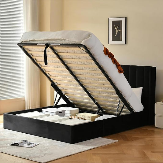 YUHUASHI Queen Size Hydraulic Storage Bed, Upholstered Platform Bed Frame, Modern Wingback Design Headboard, Velvet Fabric with Hydraulic Support Bars, No Box Spring Required (Black, Full)