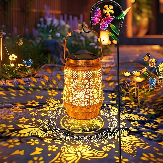 Solar Lanterns Outdoor Butterfly Garden Decor, Christmas Gifts for Women Mom Grandma, Waterproof Metal Hanging Solar Lights LED Decoration with Shepherd Hook Outside for Yard Patio Lawn Porch