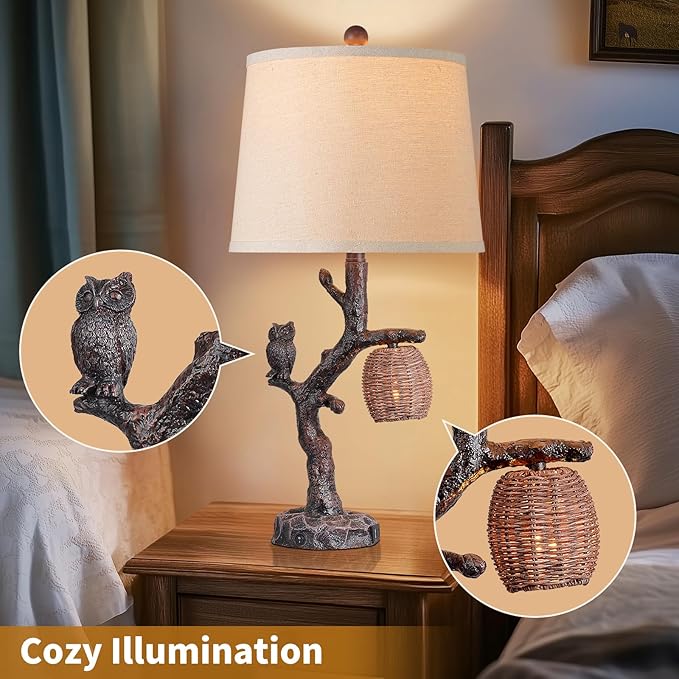 27" Rustic Farmhouse Table Lamps Set of 2, 3-Way Lighting Modes Bedside Table Lamps for Bedroom with Nightlight, Owl Lamp for Living Room with USB C+A, Night Stand Lamps for Western Cottage Decor