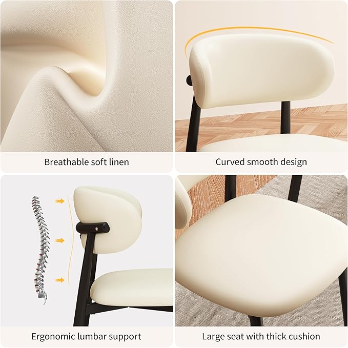 Kitchen Dining Chairs Set of 2 Modern Upholstered Leather Farmhouse Dining Room Chair with Metal Legs, Black/Beige