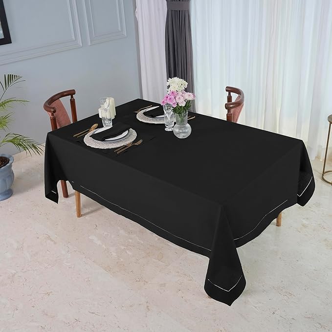 D'Moksha Homes Black Linen Tablecloth 54 x 72 Inch - 100% Pure Linen Black Table Cloth for Rectangle Tables - Classic Hemstitch, Machine Washable Tablecloth for Winter, Christmas, Holiday