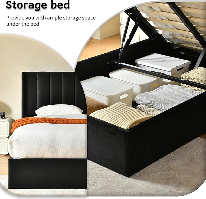 YUHUASHI Queen Size Hydraulic Storage Bed, Upholstered Platform Bed Frame, Modern Wingback Design Headboard, Velvet Fabric with Hydraulic Support Bars, No Box Spring Required (Black, Twin)