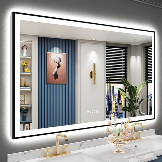 60x36 Black Framed LED Bathroom Mirror with Lights, Backlit and Front Lit Anti-Fog Lighted Vanity Mirror for Bathroom Wall, 3 Colors, Dimmable, Memory, Shatter-Proof, HD Tempered Glass