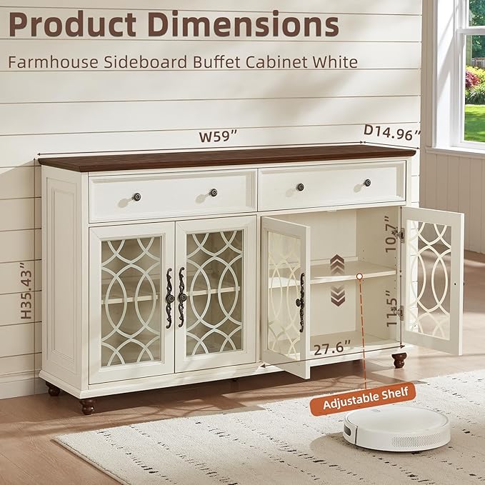 Large Sideboard Buffet Cabinet with Storage,59" Credenza with 4 Glass Doors & 2 Drawers,Adjustable Shelves Coffee Bar,Wood Kitchen Console Table for Dining Room,Living Room,White
