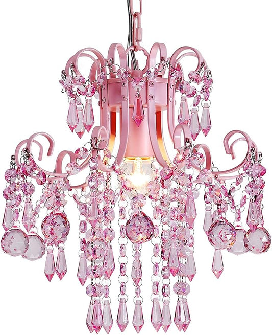 Q&S Mini Crystal Chandelier, Modern Pink Chandelier,Small Hanging Light Fixture for Princess Room Dressing Room Bathroom Clothing Store Salon W11.8 1 Light E26. UL Listed