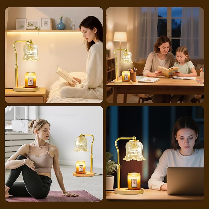 CASTLELIFE Candle Warmer Lamp with Timer & Stepless Dimming, Height Adjustable Electric Wax Warmer for Jar Candles, Flower Wax Melter with Wood Base, Gifts for Women Home Decor, Gold