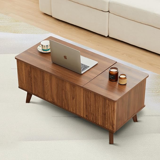 Coffee Table with Lift Top, Fluted Lift Top Coffee Table with Hidden Compartments, Mid Century Modern Rising Dining Center Tables for Living Room Office Small Space (Walnut)