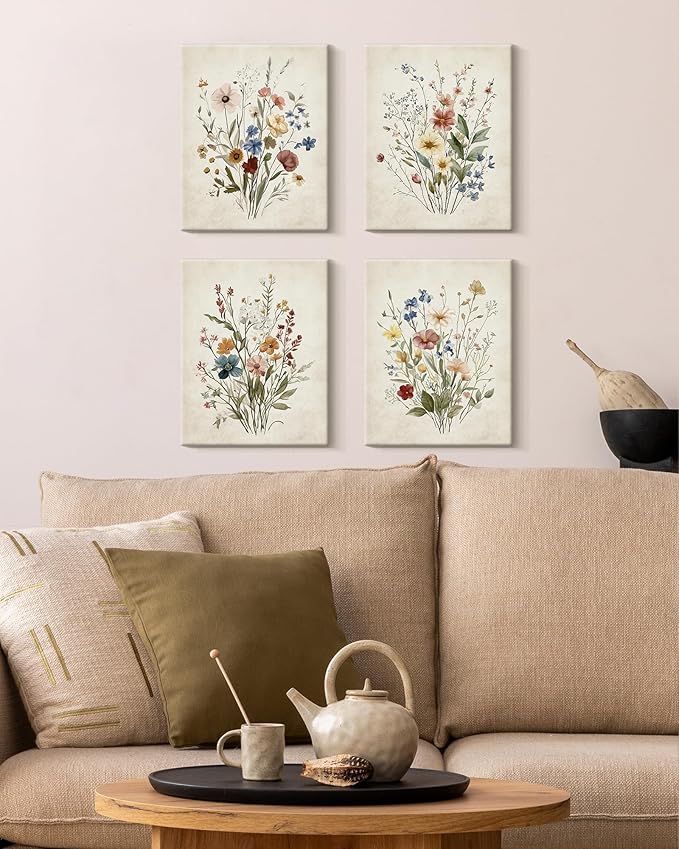 KUVIOKE Vintage Wildflower Bouquet Antique Framed Wall Art Retro Flower Botanical Pictures Illustrations Colorful Floral Bathroom Decor Ready to Hang 8x10inx4pcs (Framed)