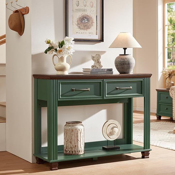 Farmhouse 46" Console Table with 2 Drawers, Rustic Wood 2 Tier Entryway Table with Open Storage Shelf for Entry, Large Mid-Century Vintage Sofa Tables Behind Couch for Living Room, Green