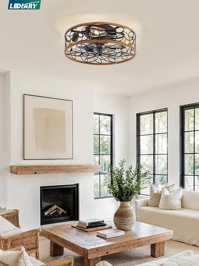 LEDIARY Caged Ceiling Fans with Lights, Farmhouse Flush Mount Ceiling Fan with Remote, Black&Walnut Low Profile Ceiling Fan Light Fixture for Bedroom, Kitchen, Dining Room.