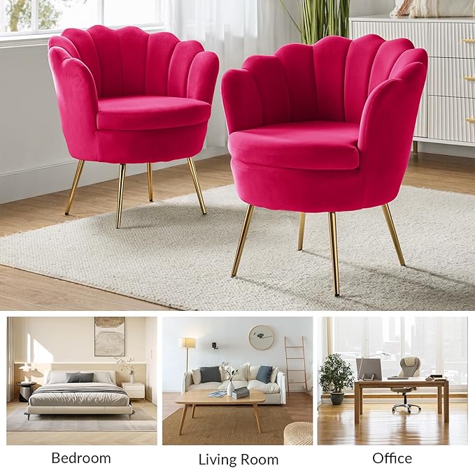 HULALA HOME Modern Velvet Accent Chairs Set of 2 with Shell Shaped Back, Cute Living Room Bedroom Armchairs with Gold Legs, Comfy Upholstered Vanity Chairs for Makeup Room, Fushia