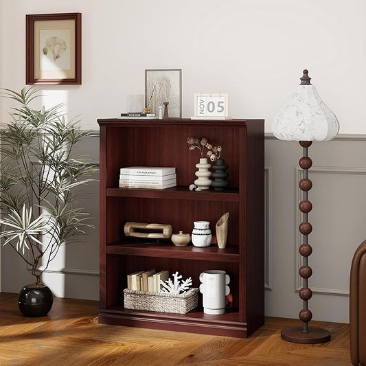 blini 3-Shelf Bookcase Wooden Bookshelves 33in Wide Floor Standing Display Storage Shelves Mahogany Bookcase for Home Office, Living Room, Bed Room
