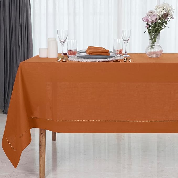 D'Moksha Homes Rust Linen Tablecloth 60 x 156 Inch - 100% Pure Linen Rust Tablecloth for Rectangle Tables - Classic Hemstitch, Machine Washable Table Cloth for Winter, Christmas, Holiday