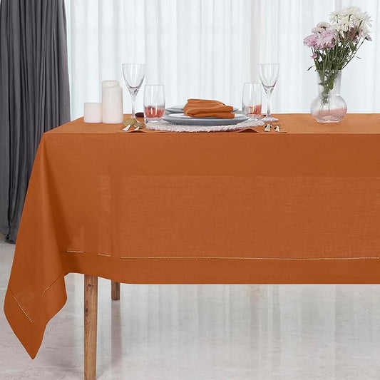 D'Moksha Homes Rust Linen Tablecloth 60 x 156 Inch - 100% Pure Linen Rust Tablecloth for Rectangle Tables - Classic Hemstitch, Machine Washable Table Cloth for Winter, Christmas, Holiday