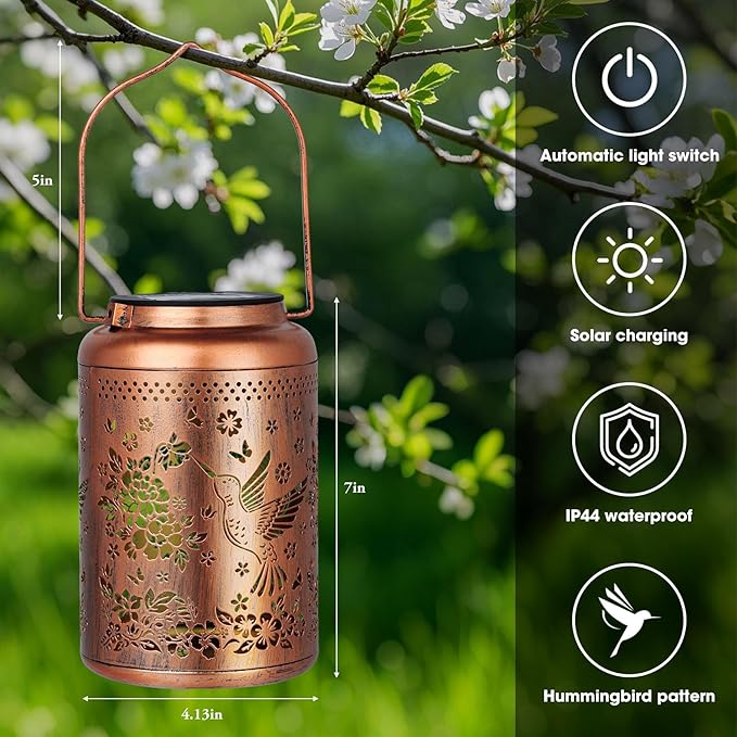 Christmas Gifts for Women, 2 Pack Hummingbird Solar Lanterns Outdoor Waterproof Solar Lanterns Decorative Hummingbird Gifts, Hanging Lantern Outdoor for Patio Porch Garden Decor