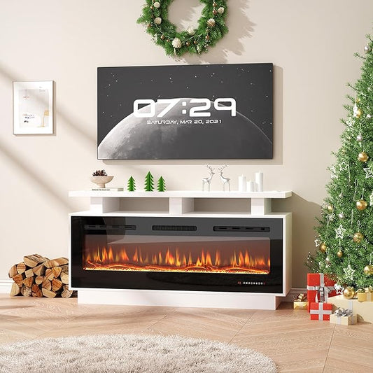 Fireplace TV Stand with 50" Smart Electric Fireplace, Modern Wood Entertainment Center with Mantel&Built-in Power Outlets, Fireplace Cabinet for Living Room (White, 50“ WiFi)