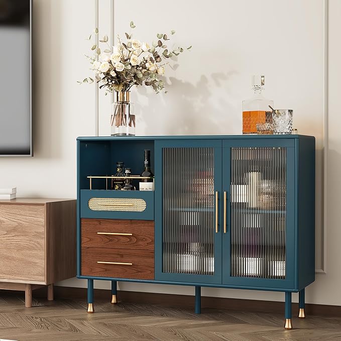 ARTPOWER 48" Coffee Bar Cabinet with Wine Racks and Drawers, Modern Buffet Sideboard with Pull-Out Wine Storage, Liquor Bar Cart for Kitchen, Dining Room, Living Room (Blue)