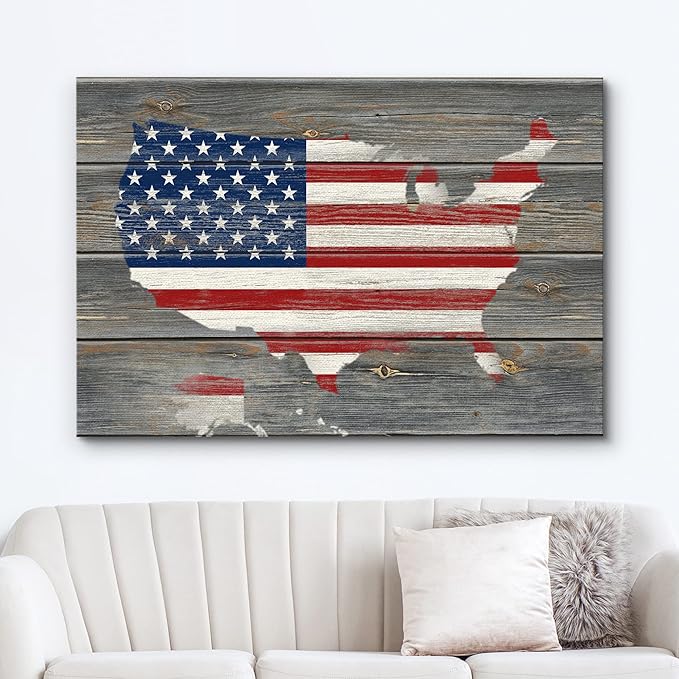 wall26 Canvas Print Wall Art American Flag Over United States Map on Wood Panel Architecture & Maps Cultural Illustrations Modern Art Traditional Multicolor for Living Room, Bedroom, Office - 12"x18"