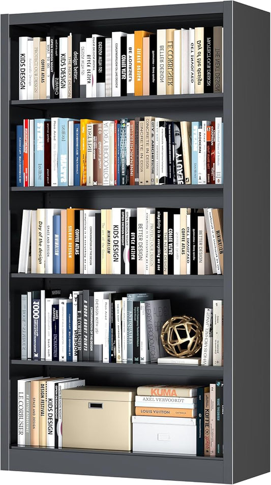 Metal Bookshelf,Adjustable 5-Tier Bookcase with High Weight Capacity,Bookshelves and Bookcases for Living Room,Office,Library,Black Book Shelf