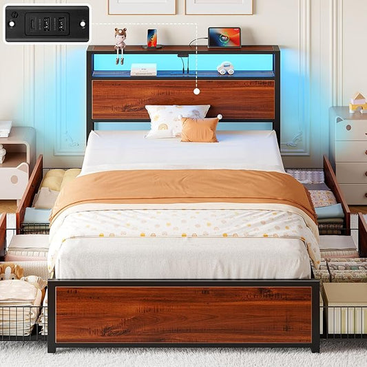 Rolanstar Twin Bed Frame with 4 Storage Drawers, Charging Station and LED Lights, Metal Platform Bed with 2-Tier Storage Headboard, No Box Spring Needed, Easy Assembly, Noise-Free, Walnut