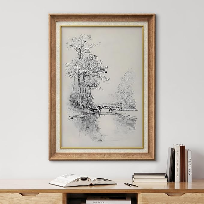 SIGNFORD Premium Framed Wall Art Duotone Country Bridge Village Nature Wilderness Illustrations Fine Art Farmhouse/Country Decorative Rustic Vintage Antique Classic for Bedroom - 26"x36" Natural